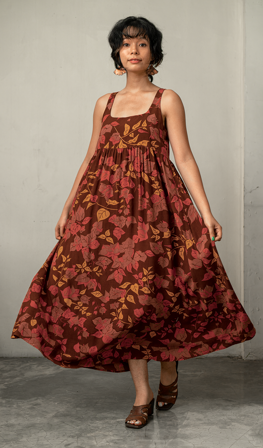 Romantic Dress Rayon Bougainvillea Brown, 3 Sizes