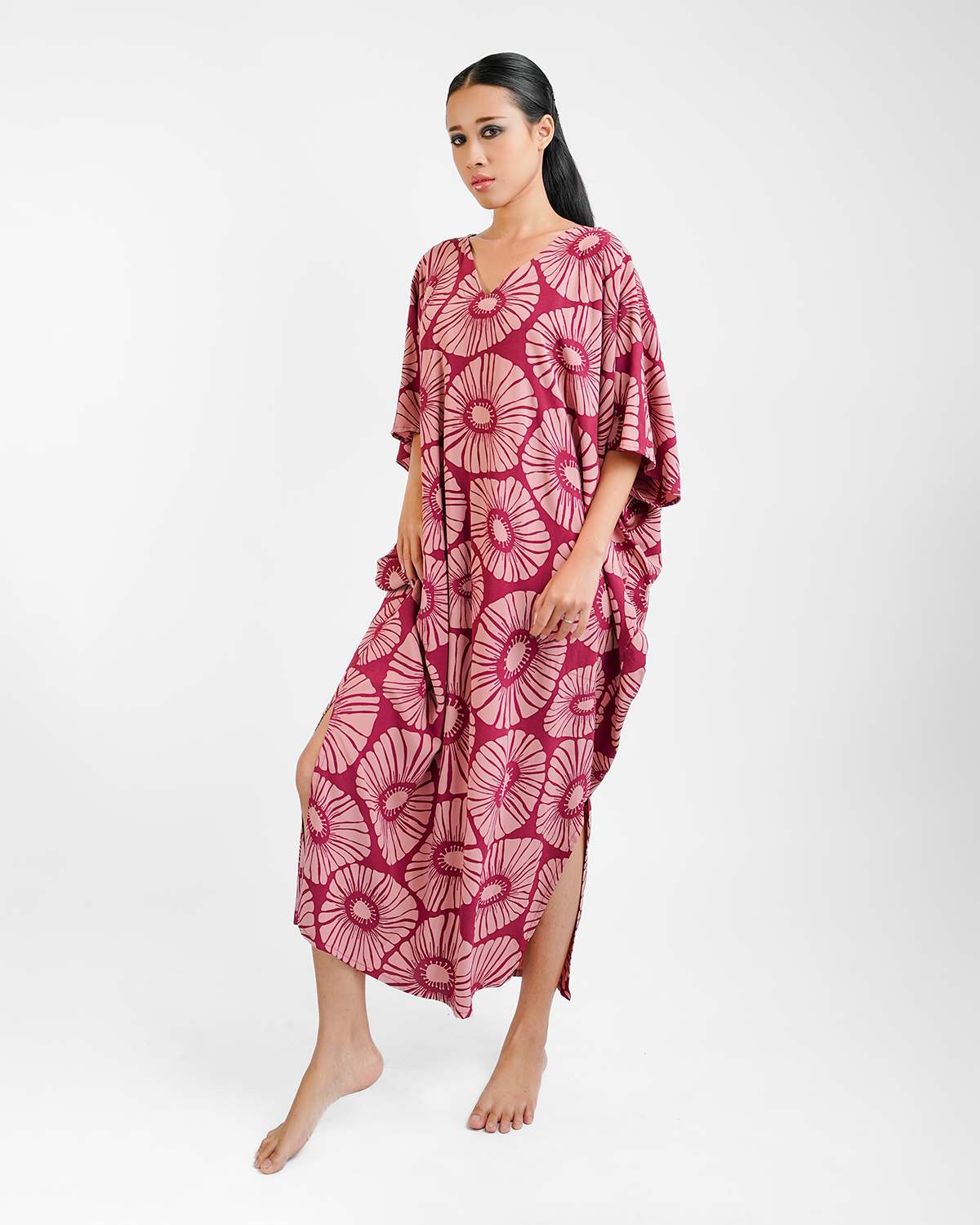 Retro Flowers Claret Kaftan Dress, 1 size