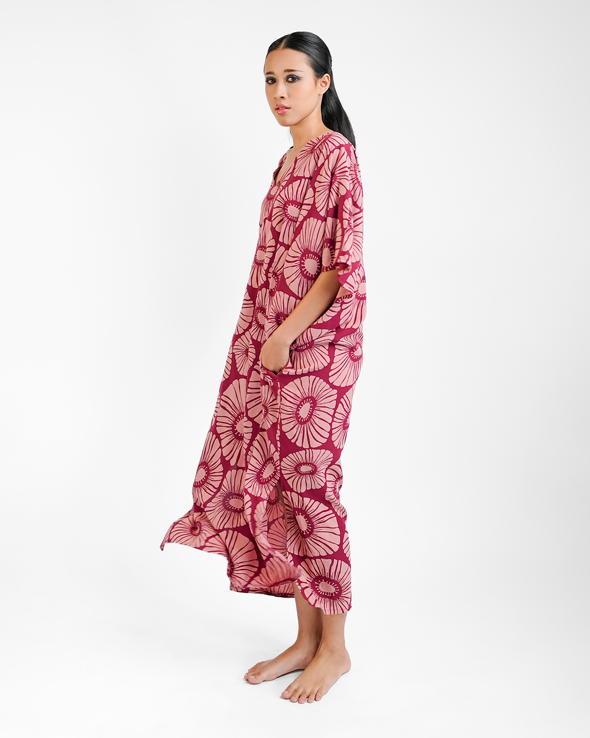 Retro Flowers Claret Kaftan Dress, 1 size