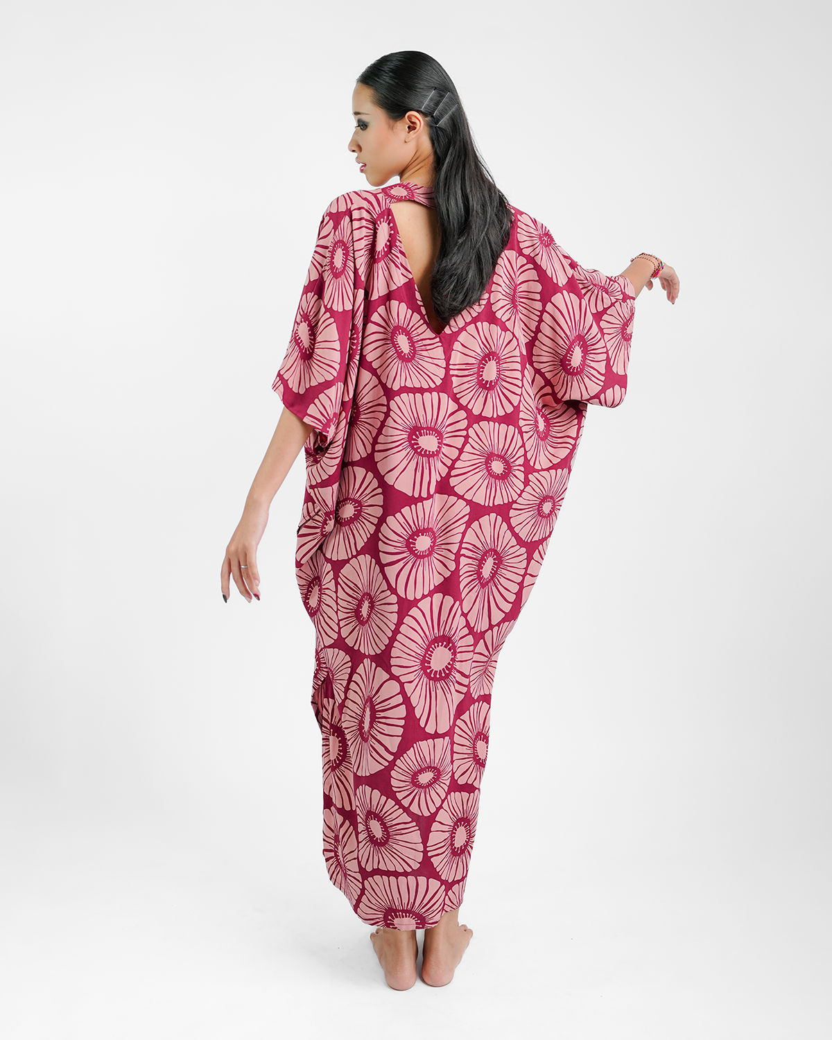 Retro Flowers Claret Kaftan Dress, 1 size