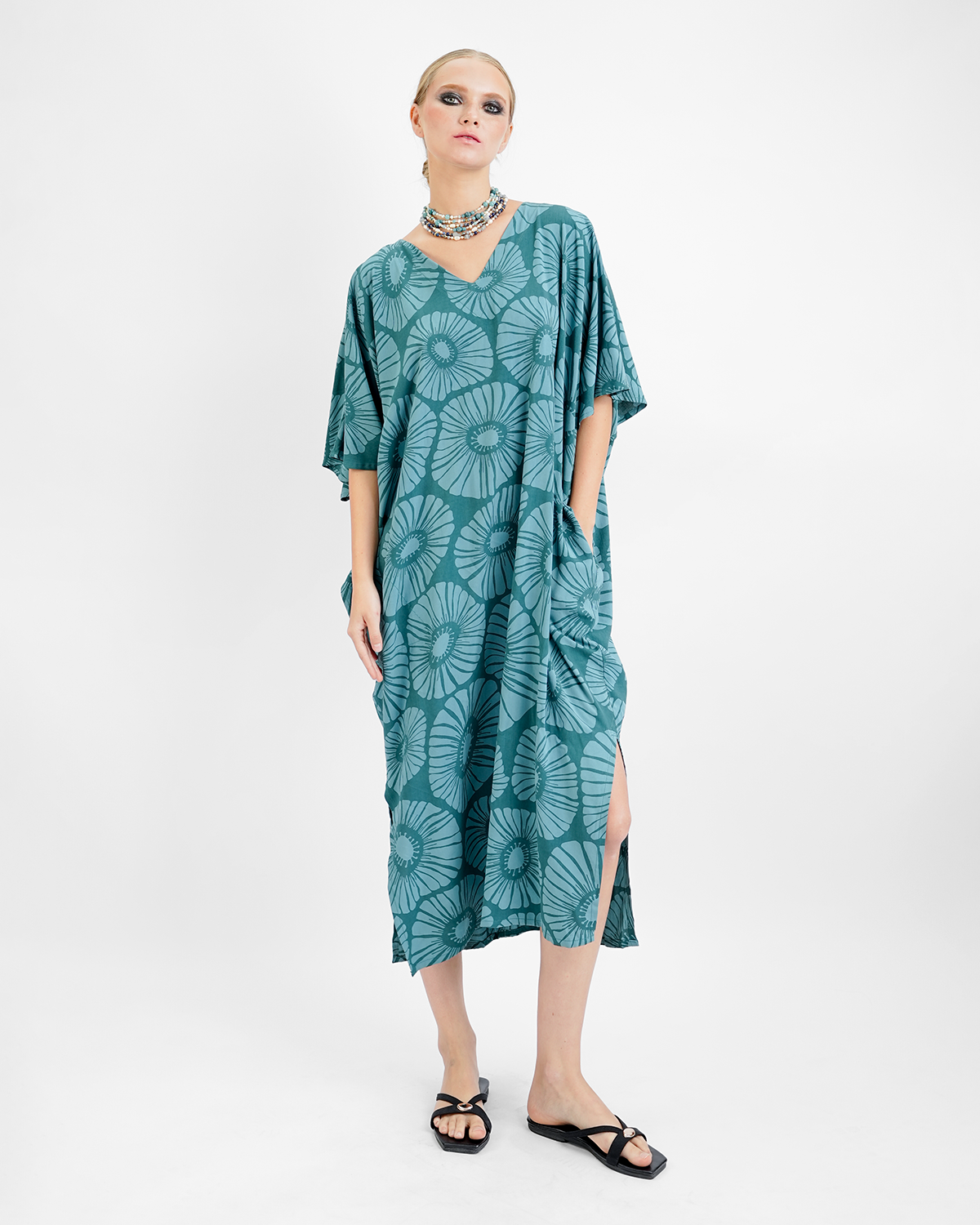 Retro Flowers Viridian Kaftan Dress, 1 size