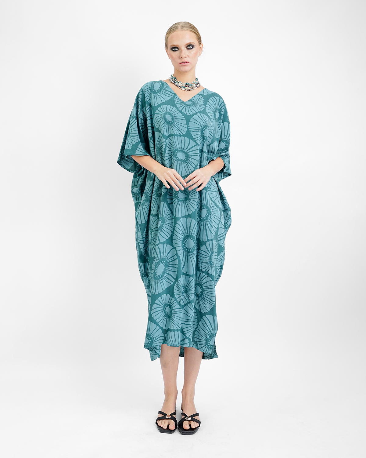 Retro Flowers Viridian Kaftan Dress, 1 size