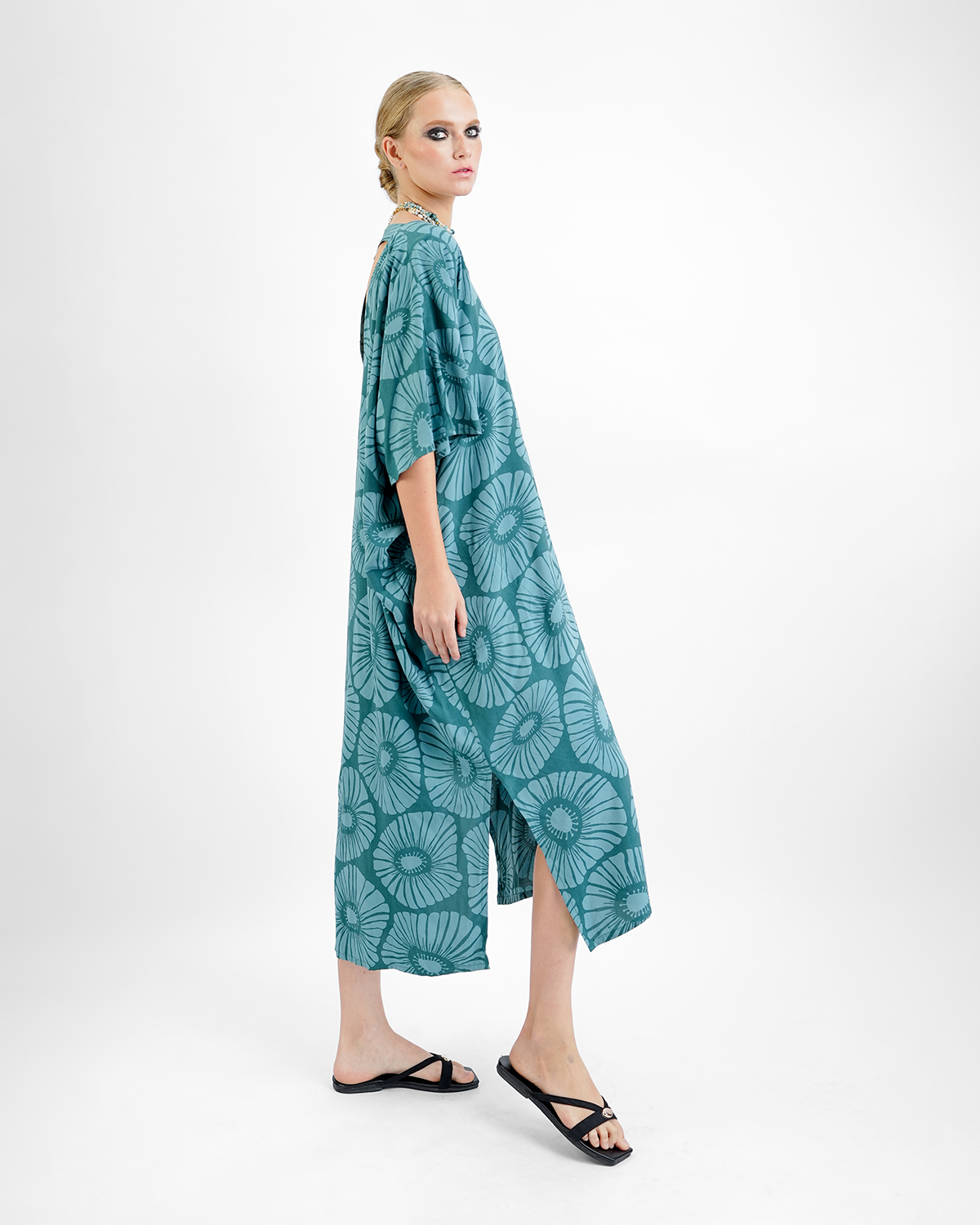 Retro Flowers Viridian Kaftan Dress, 1 size