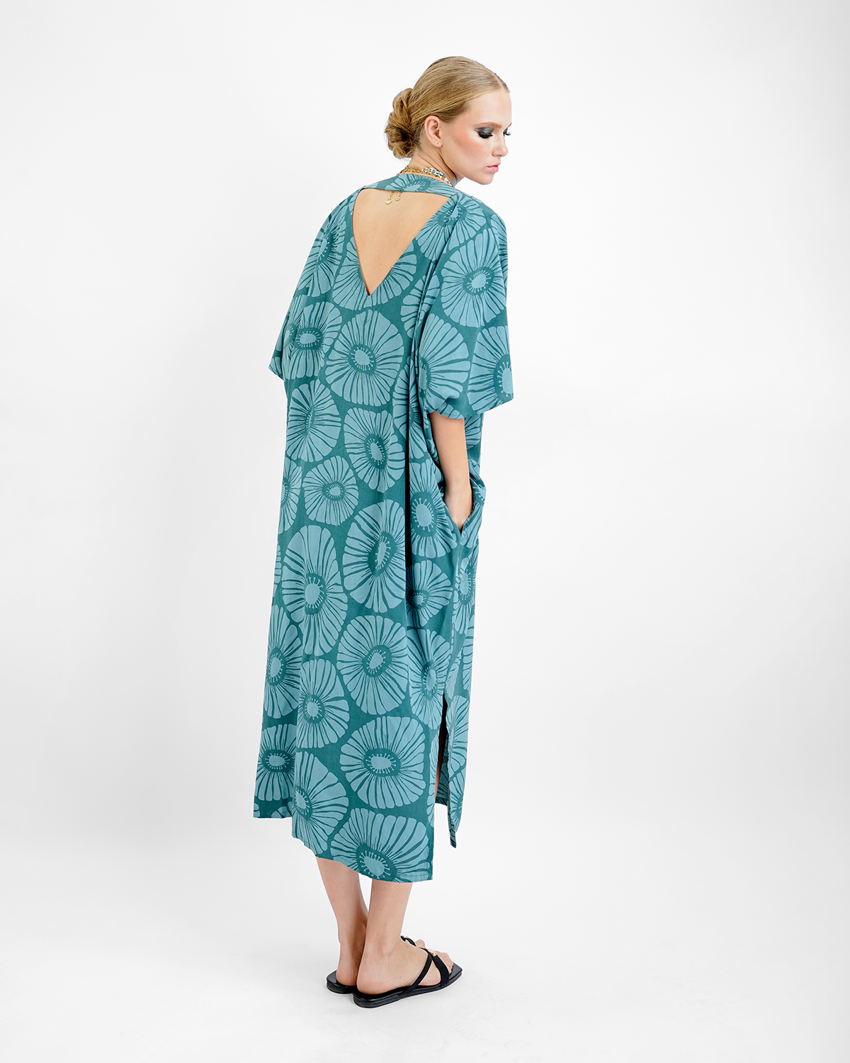 Retro Flowers Viridian Kaftan Dress, 1 size