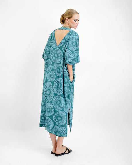 Retro Flowers Viridian Kaftan Dress, 1 size