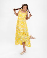 Gaun Rayon Romantis Motif Mawar Kuning, 3 ukuran