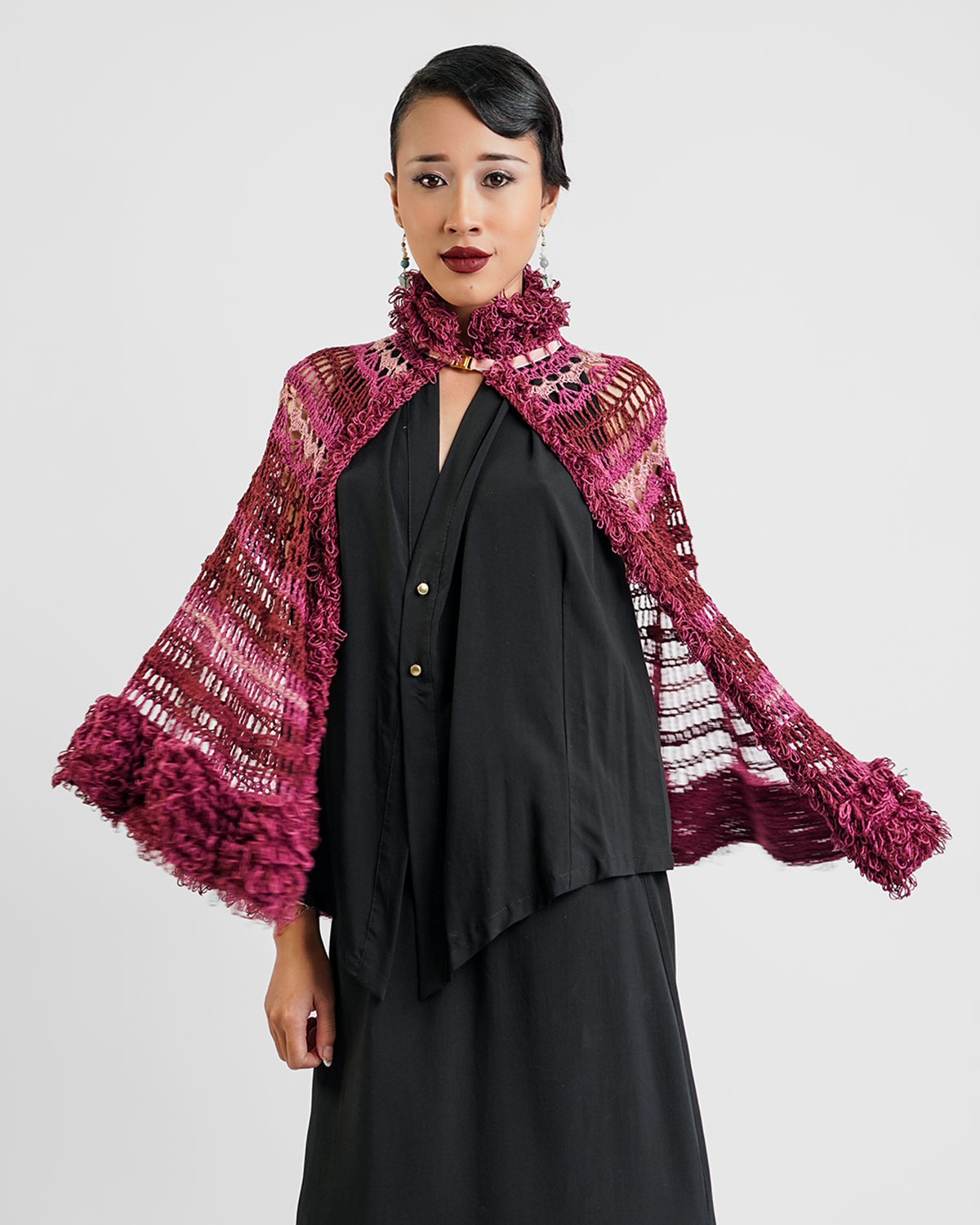 Claret Fluffy Trim Crocheted Capelet, 1 size
