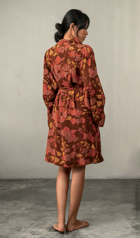 Short Kimono Robe Bougainvillea Brown - One size