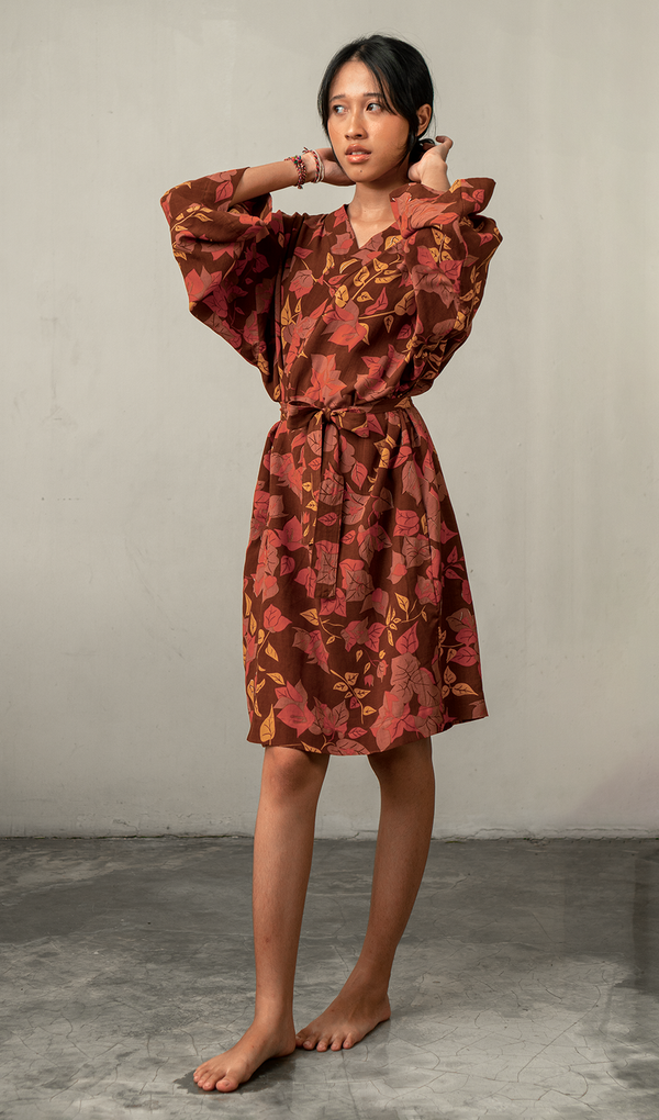 Short Kimono Robe Bougainvillea Brown - One size