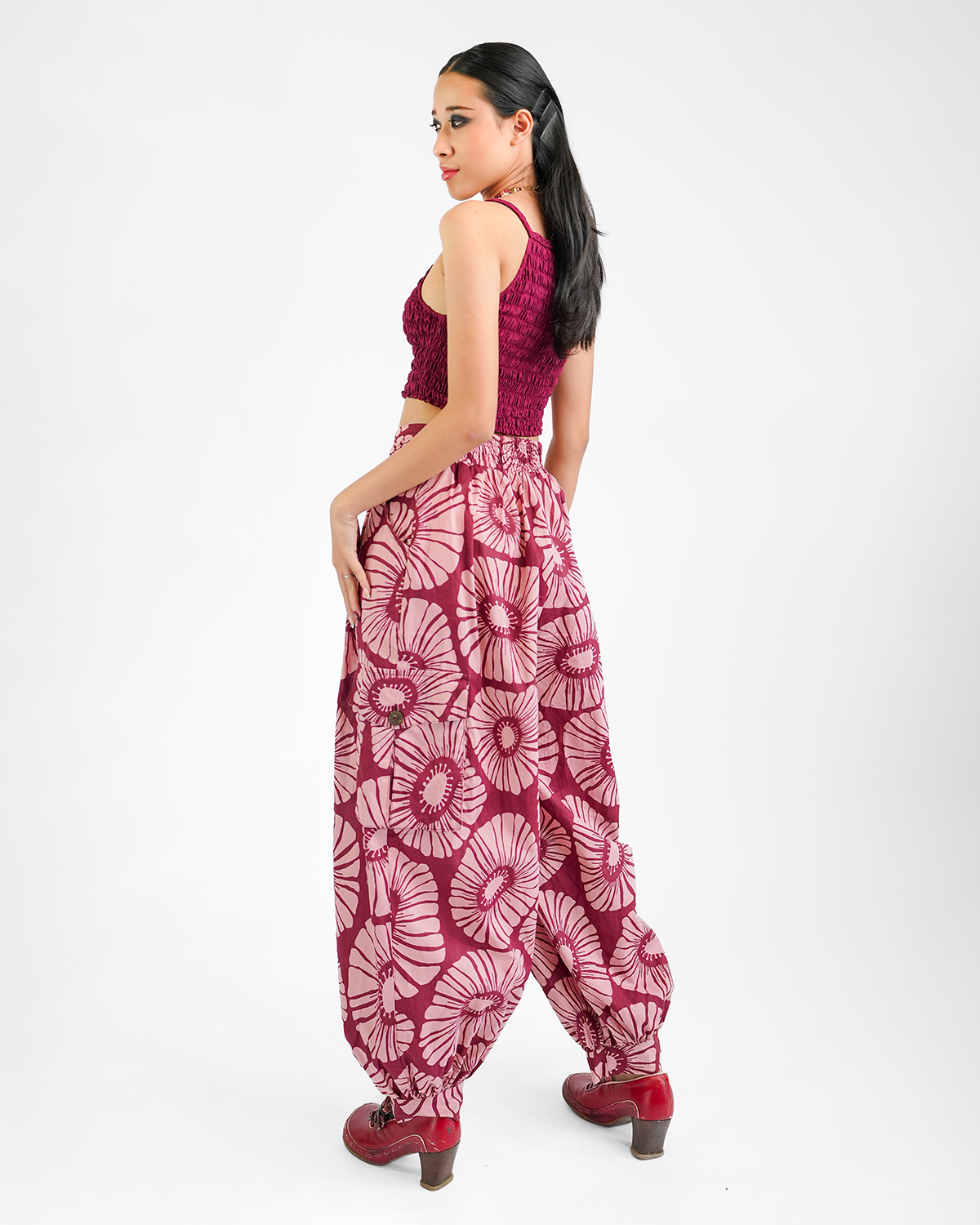 Flowers Claret Organic Cotton Balloon Pants, 3 sizes