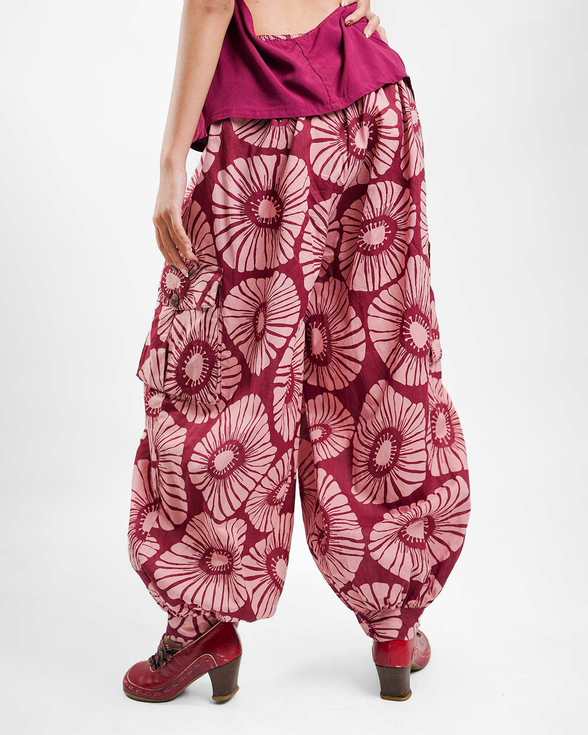 Flowers Claret Organic Cotton Balloon Pants, 3 sizes