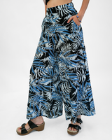 Celana Panjang Tencel Piazza Warna Biru Palm Hitam dengan Detail Kerut, 2 Ukuran