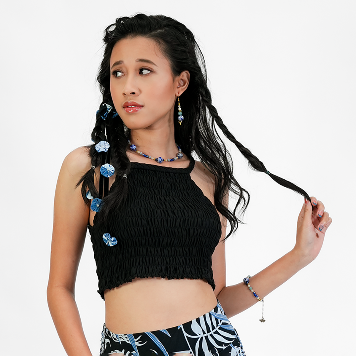 Blue Black Ribbon Flower Hair Tie