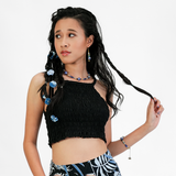 Blue Black Ribbon Flower Hair Tie