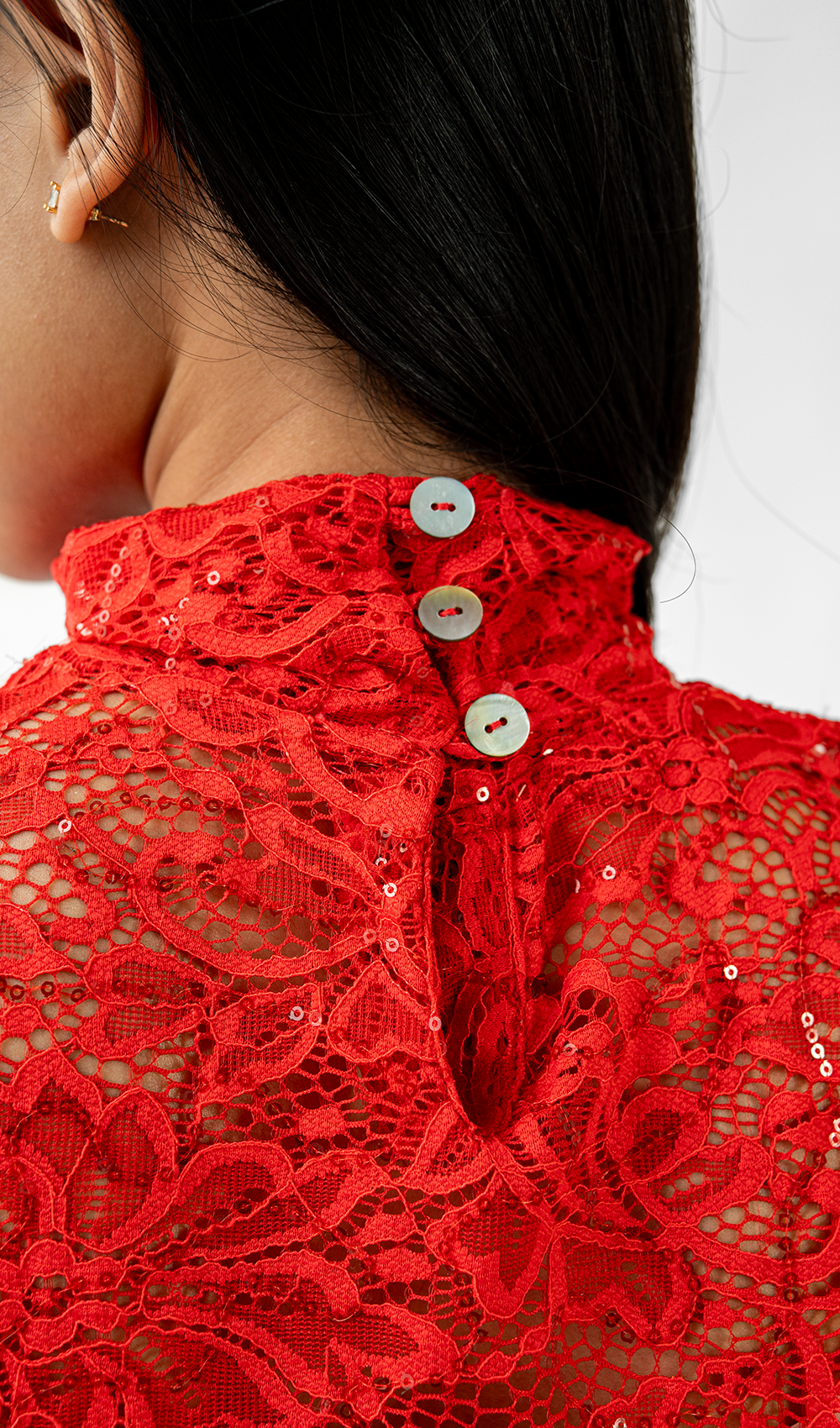 Turtleneck Renda Italia Tanpa Lengan Merah, 2 ukuran