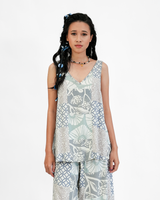 Atasan Swing Leher V Patchwork Abu-abu Krem, 2 Ukuran