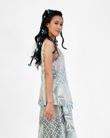 Atasan Swing Leher V Patchwork Abu-abu Krem, 2 Ukuran