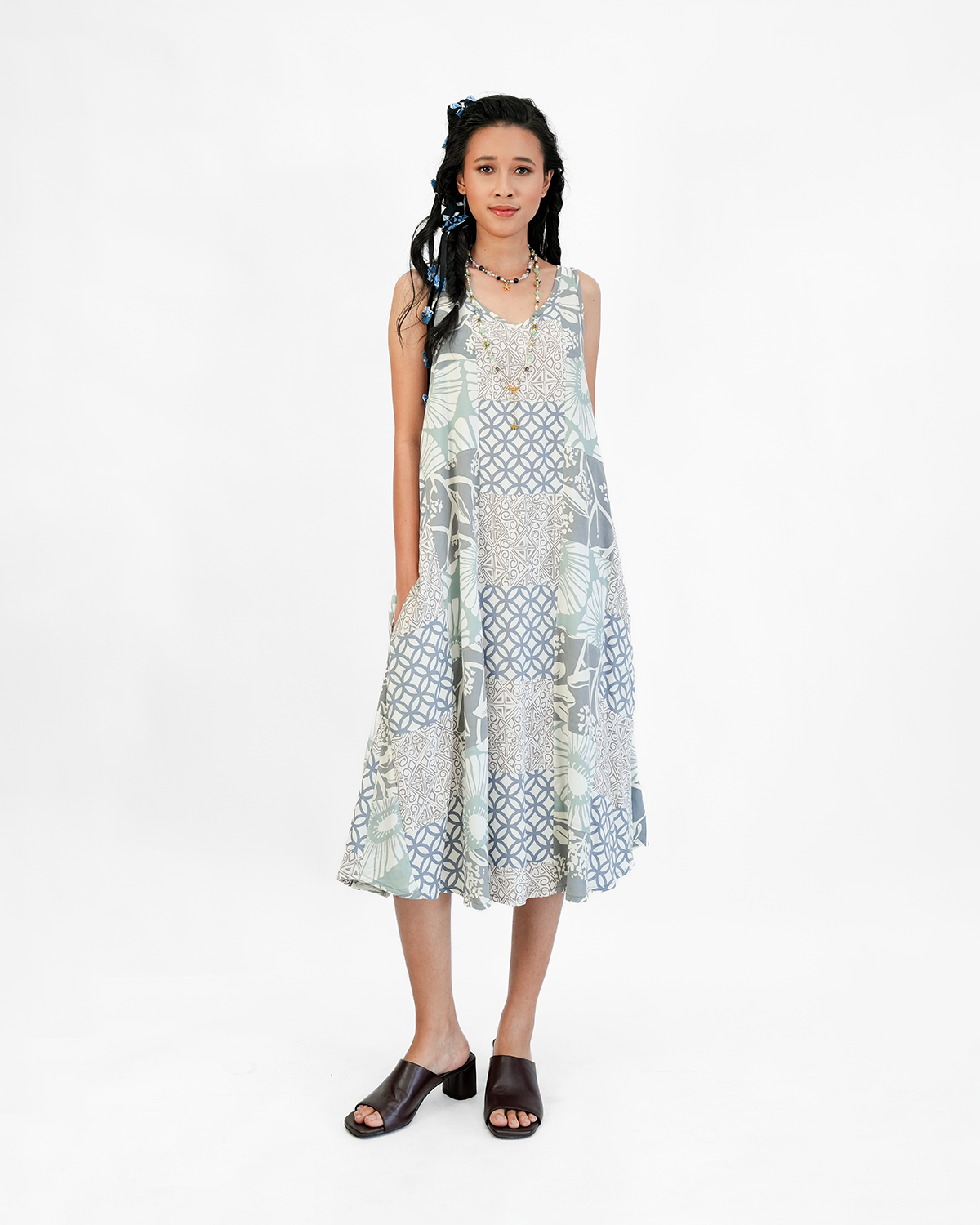 Gaun Semi Swing Patchwork Rayon Warna Beige Abu-abu, 3 Ukuran