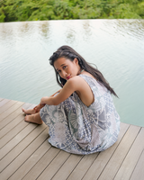 Gaun Semi Swing Patchwork Rayon Warna Beige Abu-abu, 3 Ukuran