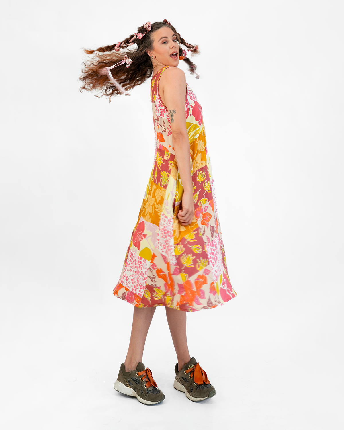 Gaun Semi Swing Rayon Patchwork Hangat, 3 Ukuran