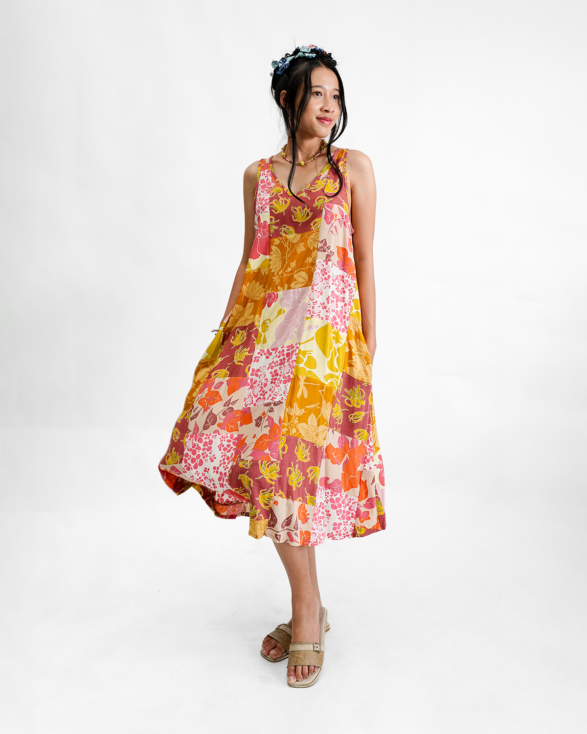 Gaun Semi Swing Rayon Patchwork Hangat, 3 Ukuran