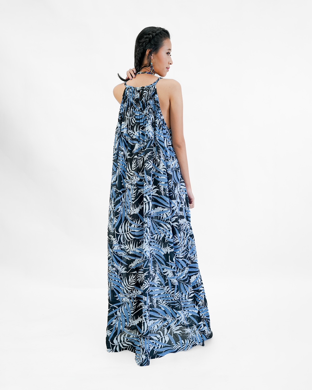 Gaun Panjang Musim Panas Tencel Biru Hitam, Ukuran 1