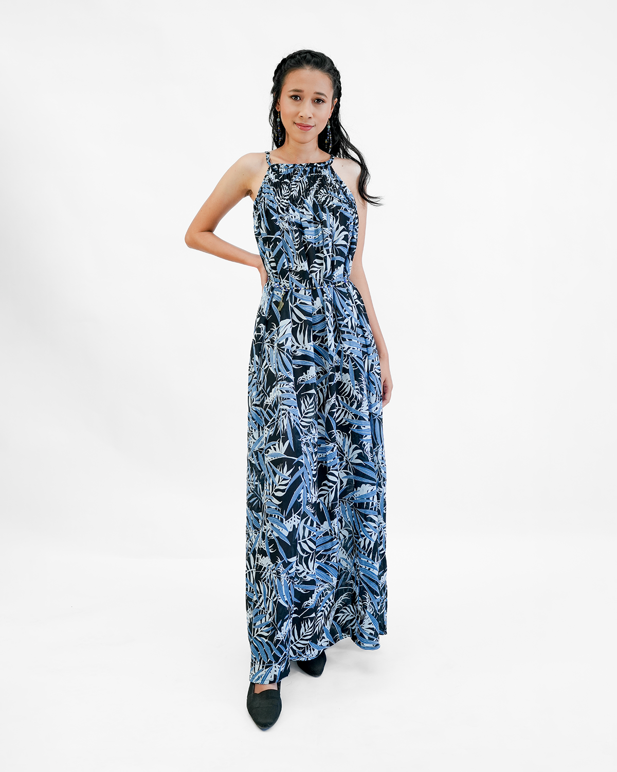 Gaun Panjang Musim Panas Tencel Biru Hitam, Ukuran 1
