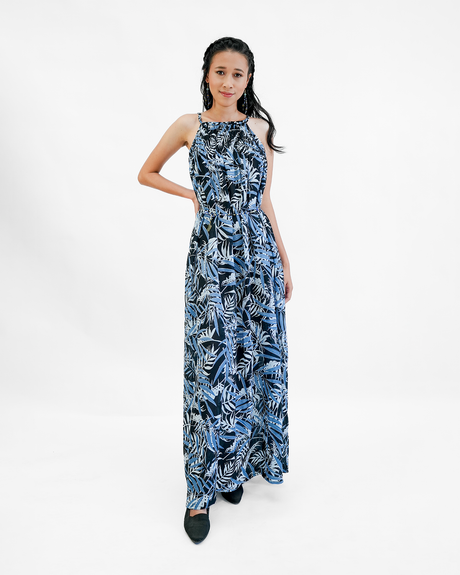 Gaun Panjang Musim Panas Tencel Biru Hitam, Ukuran 1