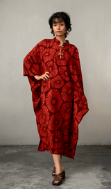 High Neck Kaftan Retro Flowers Red Brown, 1 Size