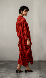 Kaftan Leher Tinggi Retro Bunga Merah Coklat, 1 Ukuran