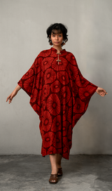 High Neck Kaftan Retro Flowers Red Brown, 1 Size