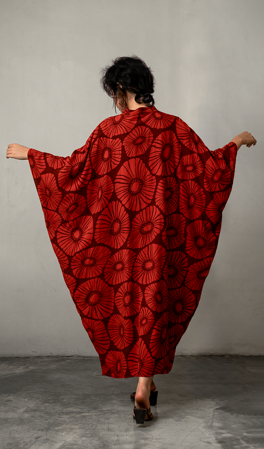 High Neck Kaftan Retro Flowers Red Brown, 1 Size