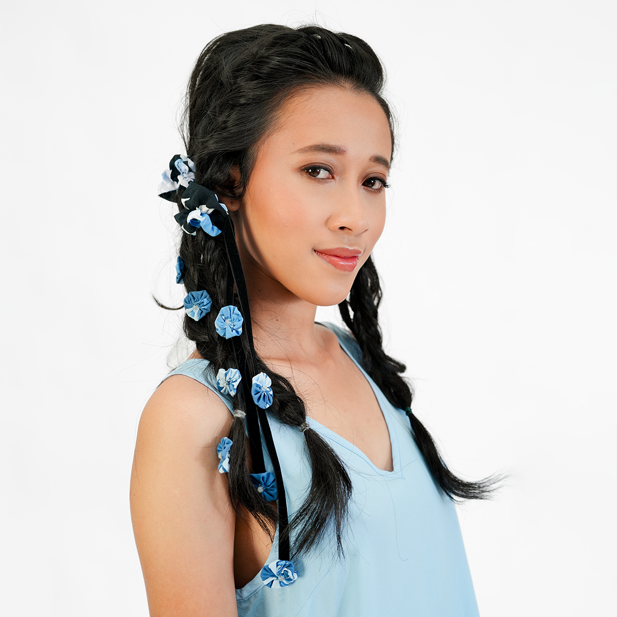 Blue Black Ribbon Flower Hair Tie