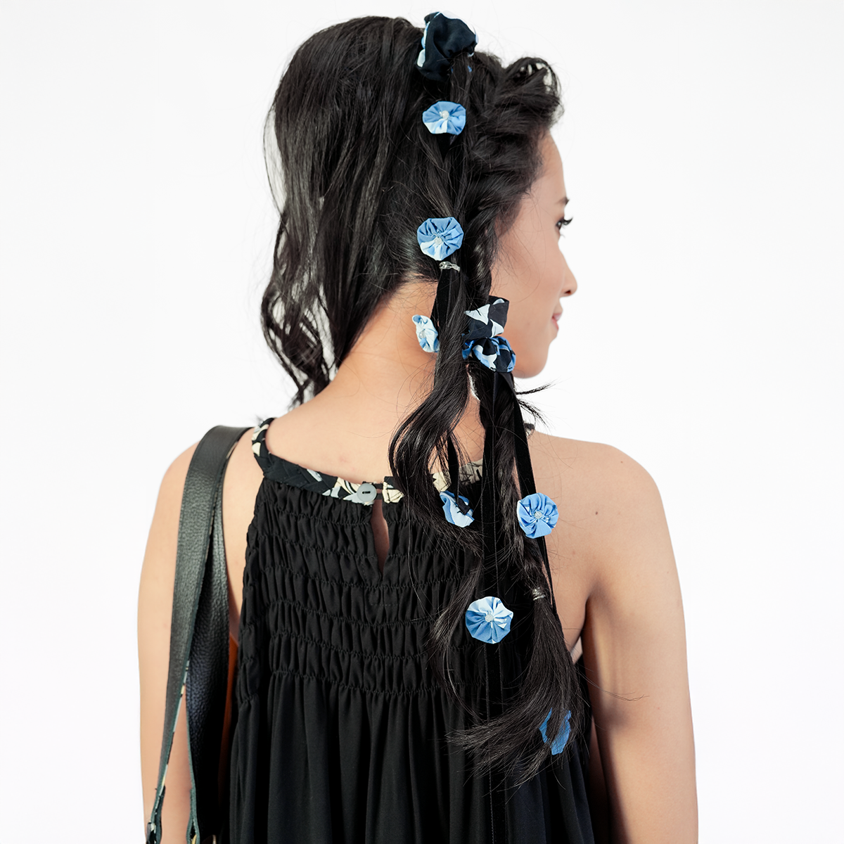 Blue Black Ribbon Flower Hair Tie