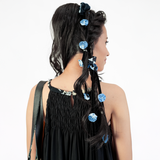 Blue Black Ribbon Flower Hair Tie