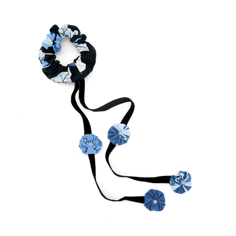Blue Black Ribbon Flower Hair Tie