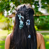 Blue Black Ribbon Flower Hair Tie