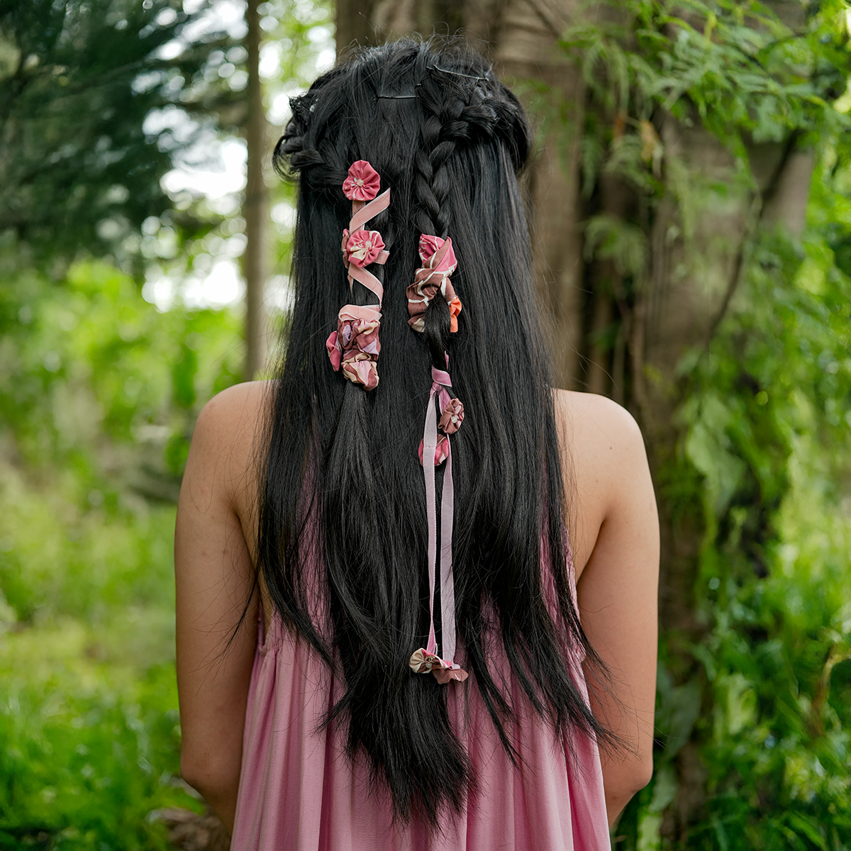 Pink Ribbon Flower Hair Tie