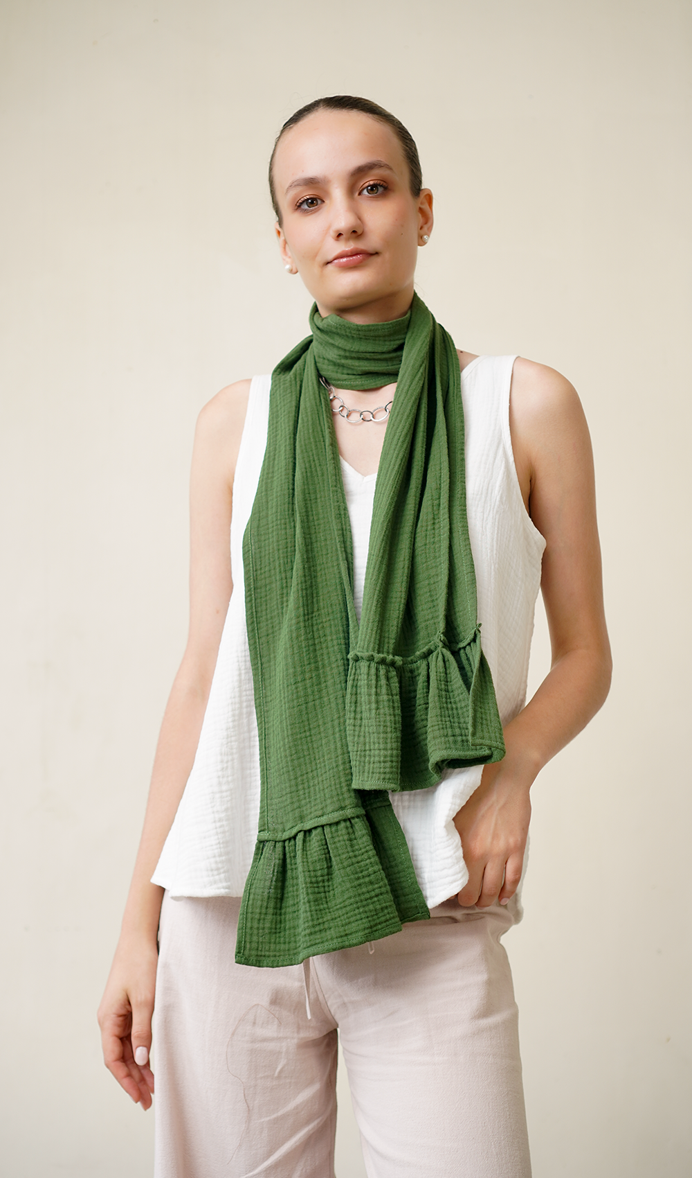 Cotton Crinkle Ruffle Scarf Green