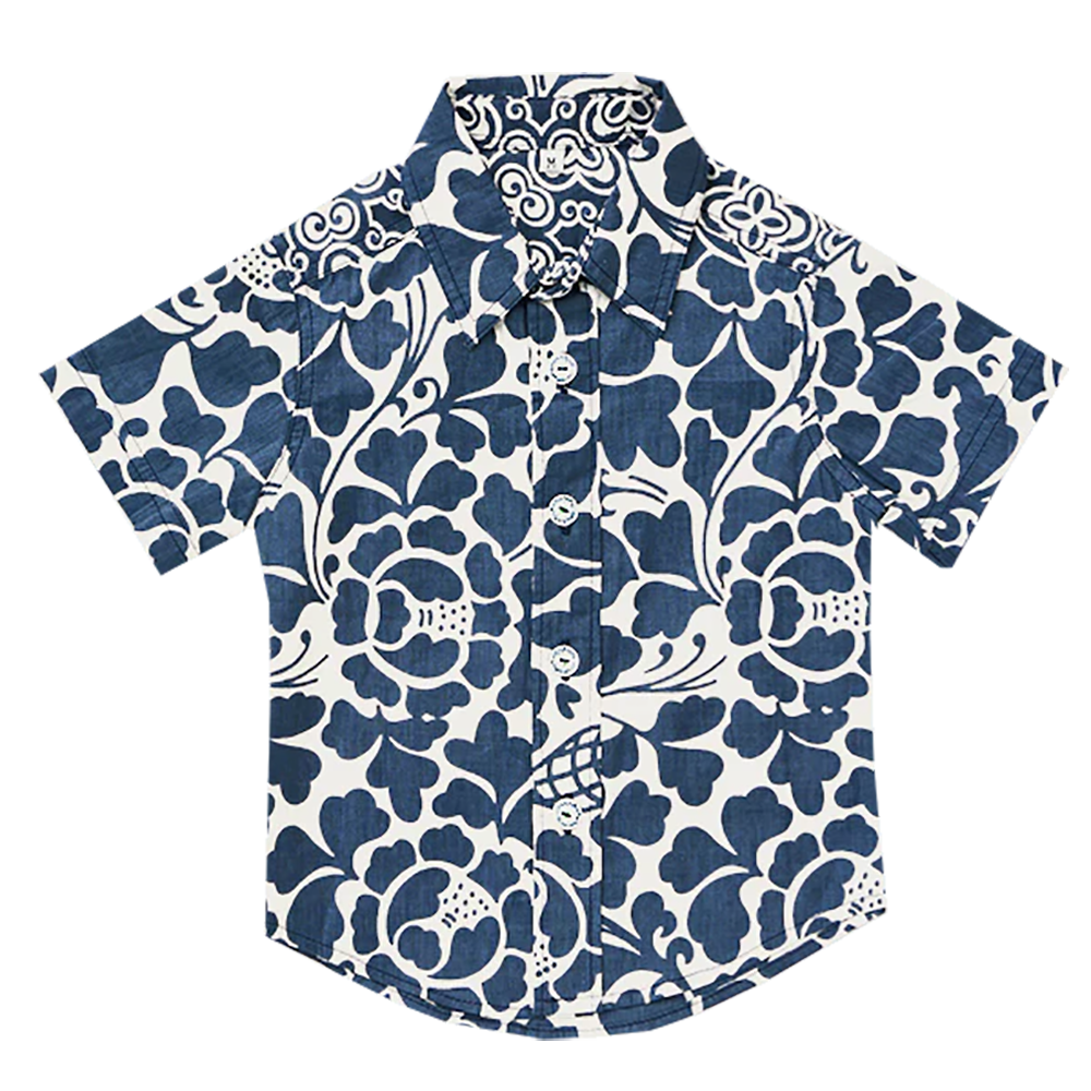 Kemeja Kancing Bawah Motif Kakao Biru, 4 Ukuran