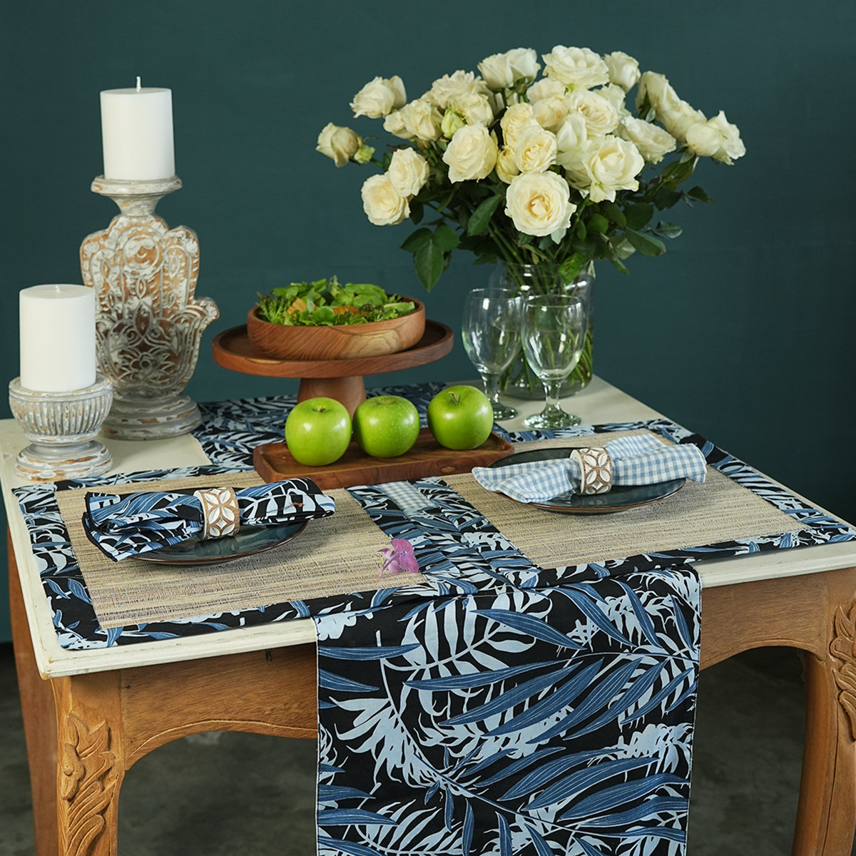 Karpet Panjang Katun Warna Biru Palm Hitam Ukuran Sedang/Pendek (150 cm)