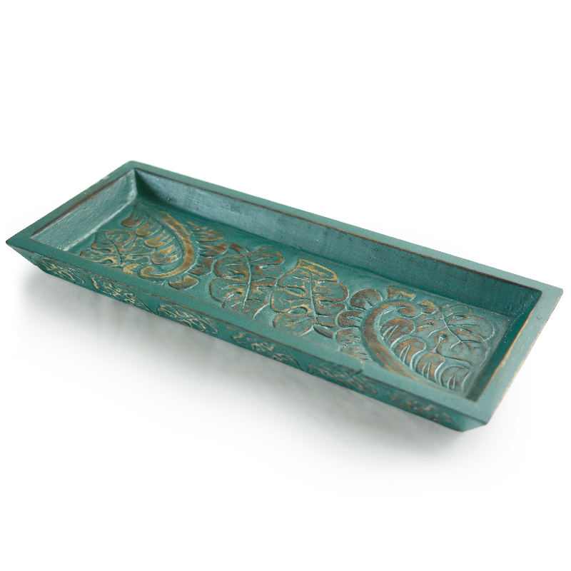 Teal Carved Wooden Mini Tray - SALE HOMEWARES