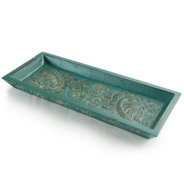 Teal Carved Wooden Mini Tray - SALE HOMEWARES