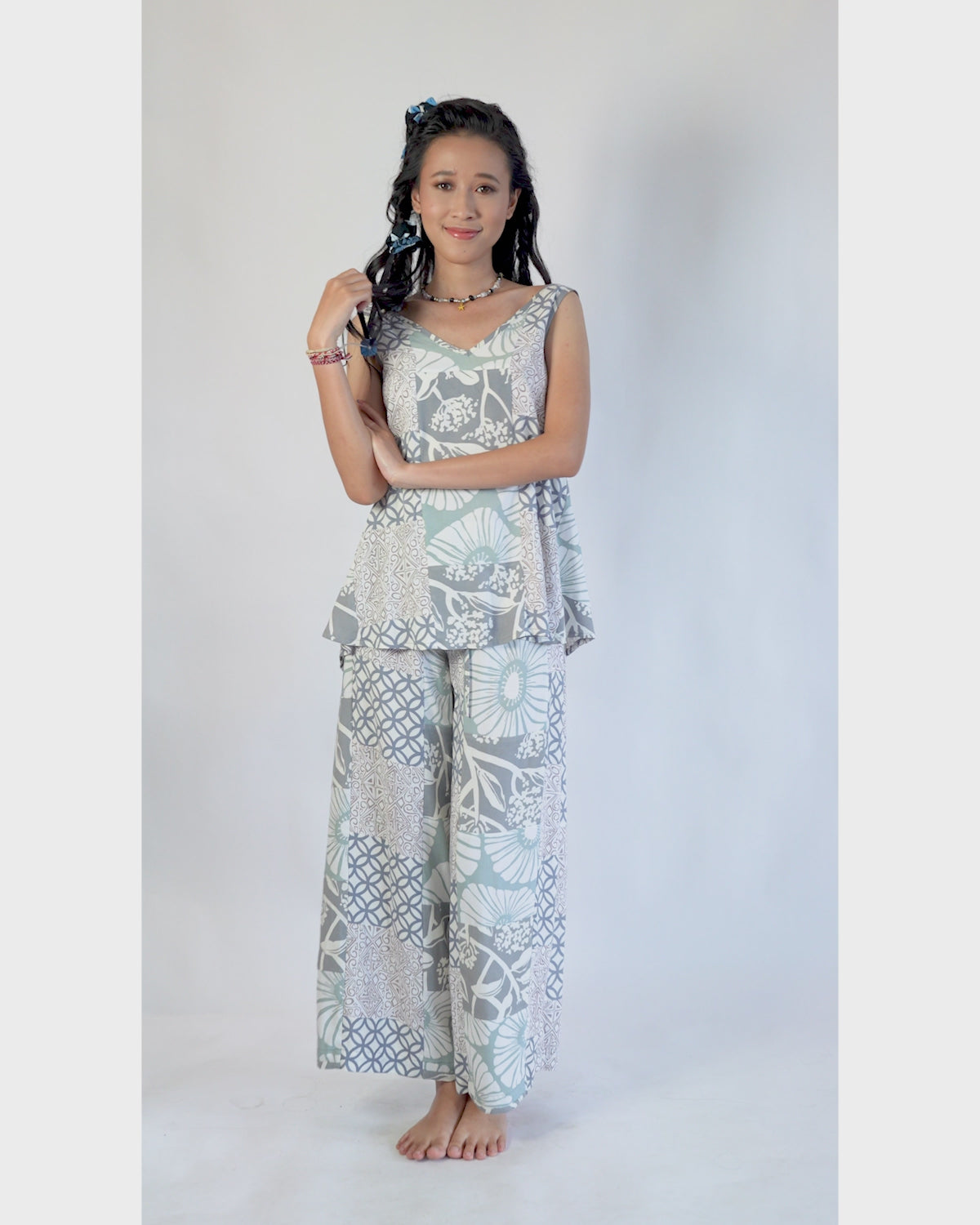 Celana Panjang Piazza Motif Patchwork Warna Beige Abu-abu, 3 Ukuran