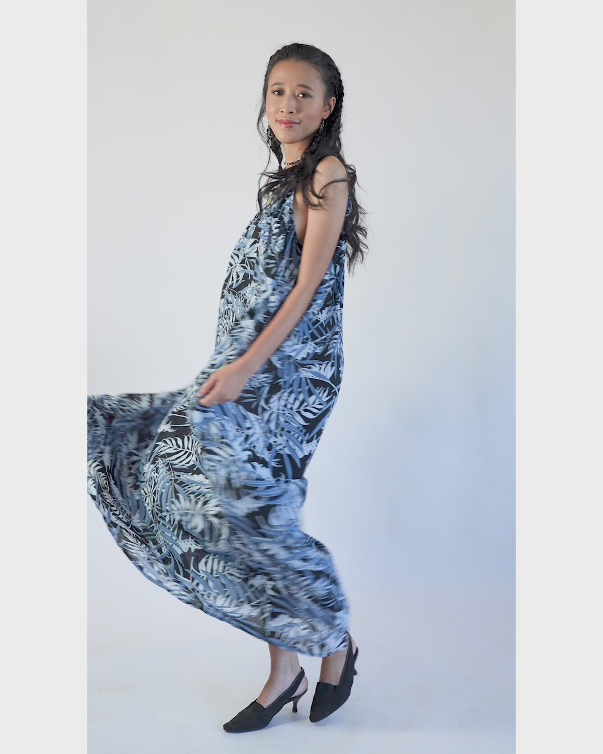 Gaun Panjang Musim Panas Tencel Biru Hitam, Ukuran 1