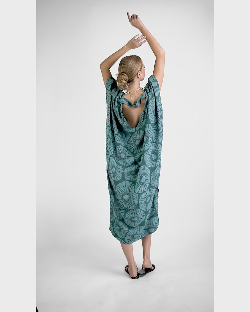 Retro Flowers Viridian Kaftan Dress, 1 size