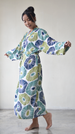 Retro Flower Blue Green Rayon Kimono Robe