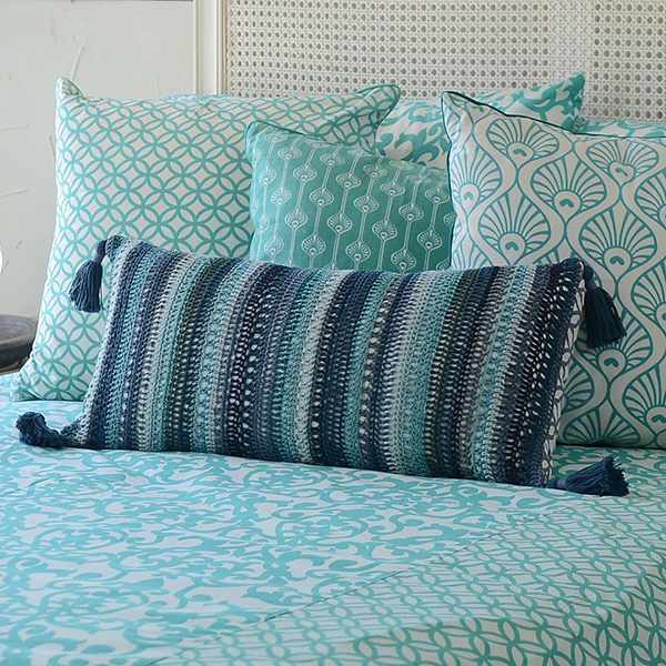 Confetti Stripe Crochet Cushion Cover Cool, long tasseled - SALE HOMEWARES