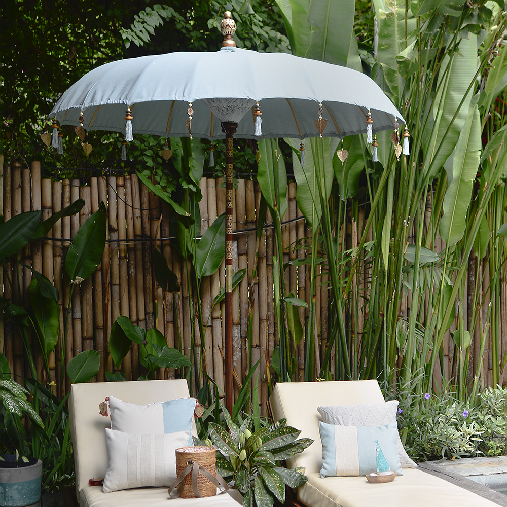 bali patio umbrella Outdoor Fabric Aqua Large Inside the action at mumbaism Handmade in Bali Rod Length:25