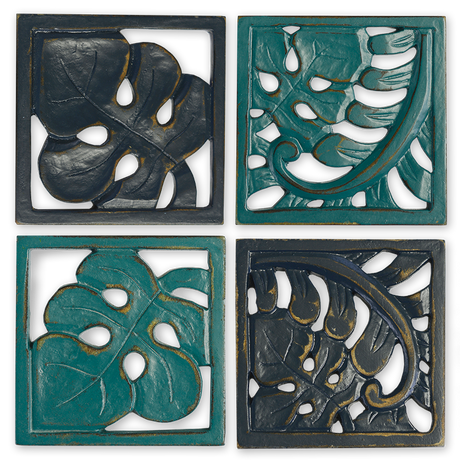 Navy Teal Leaf Wooden Coaster, Set of 4